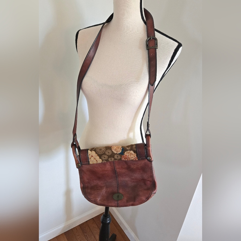 FOSSIL Floral Brown Bag Purse Hippie Boho Shoulder Leather - Picture 3 of 8